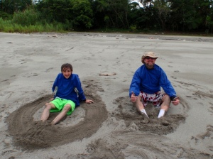 Kieran and Noel messing about in the sand on our Amazon trip!